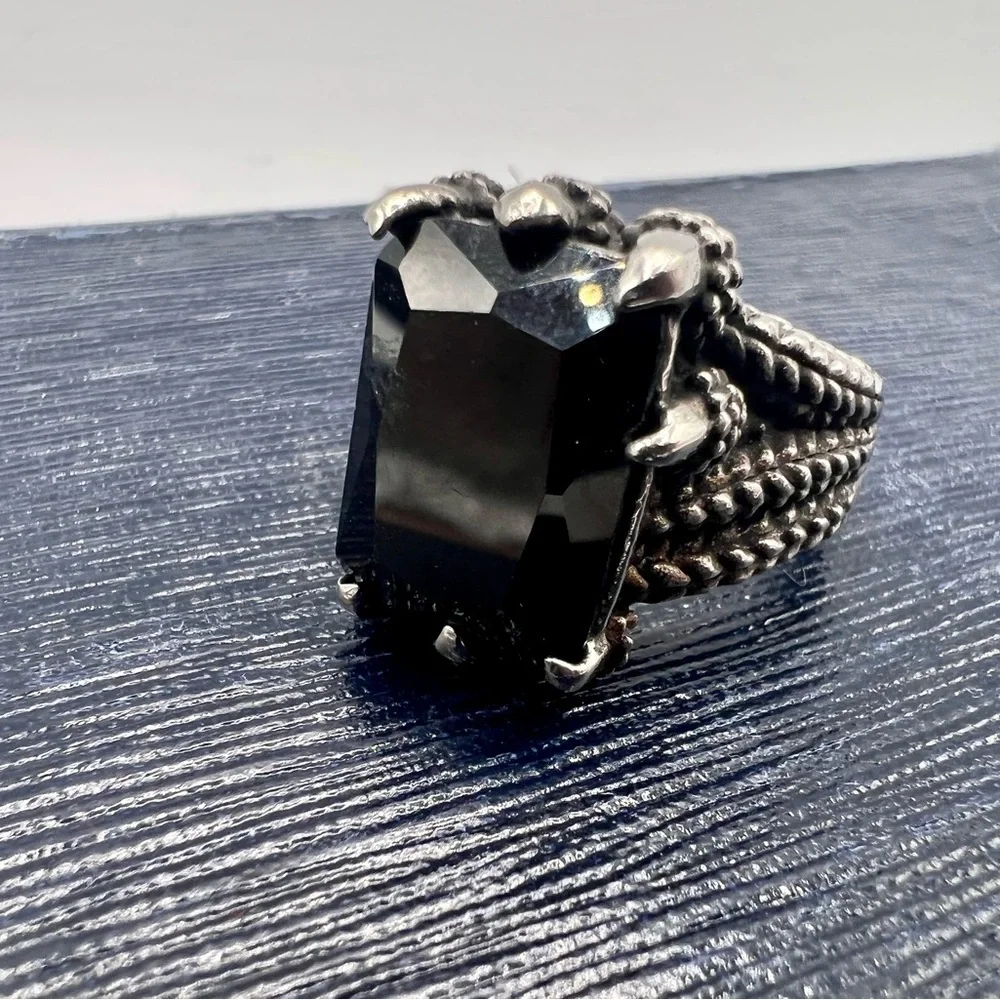 Dragon claw black stone ring epic fantasy silver size 12.5